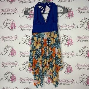 Tankini top halter blue tropical flowers floral mesh beach swimming NWOT